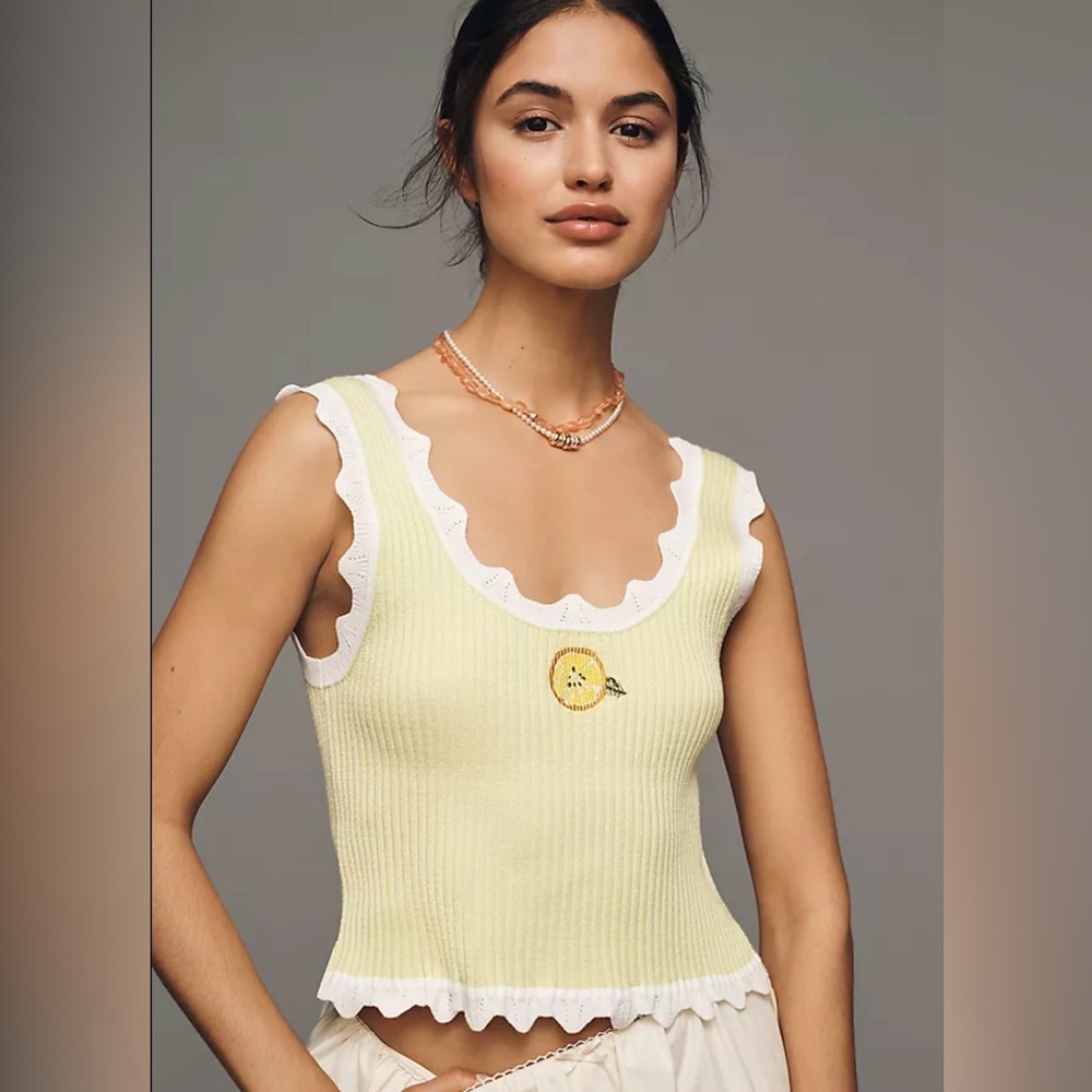 Anthropologie Yellow and White Scalloped Tank Top